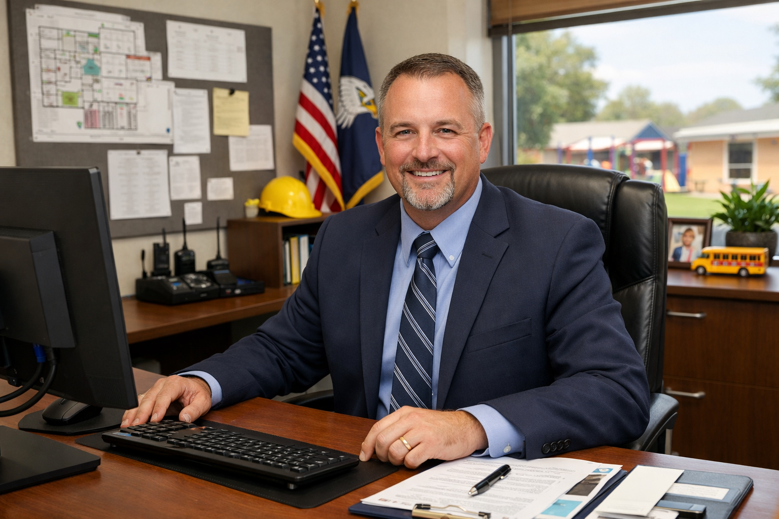 A director of operations or facility manager for a K12 school Id like it to show someone in an office with a suit and tie and a computer-1