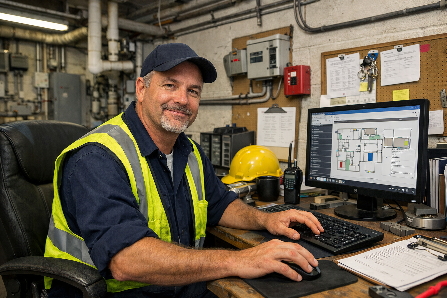 FACILITY MANAGERS AND SUPERVISORS for a K12 school that shows a person in an office but maybe more of an industrial office or basement setting also wi-1