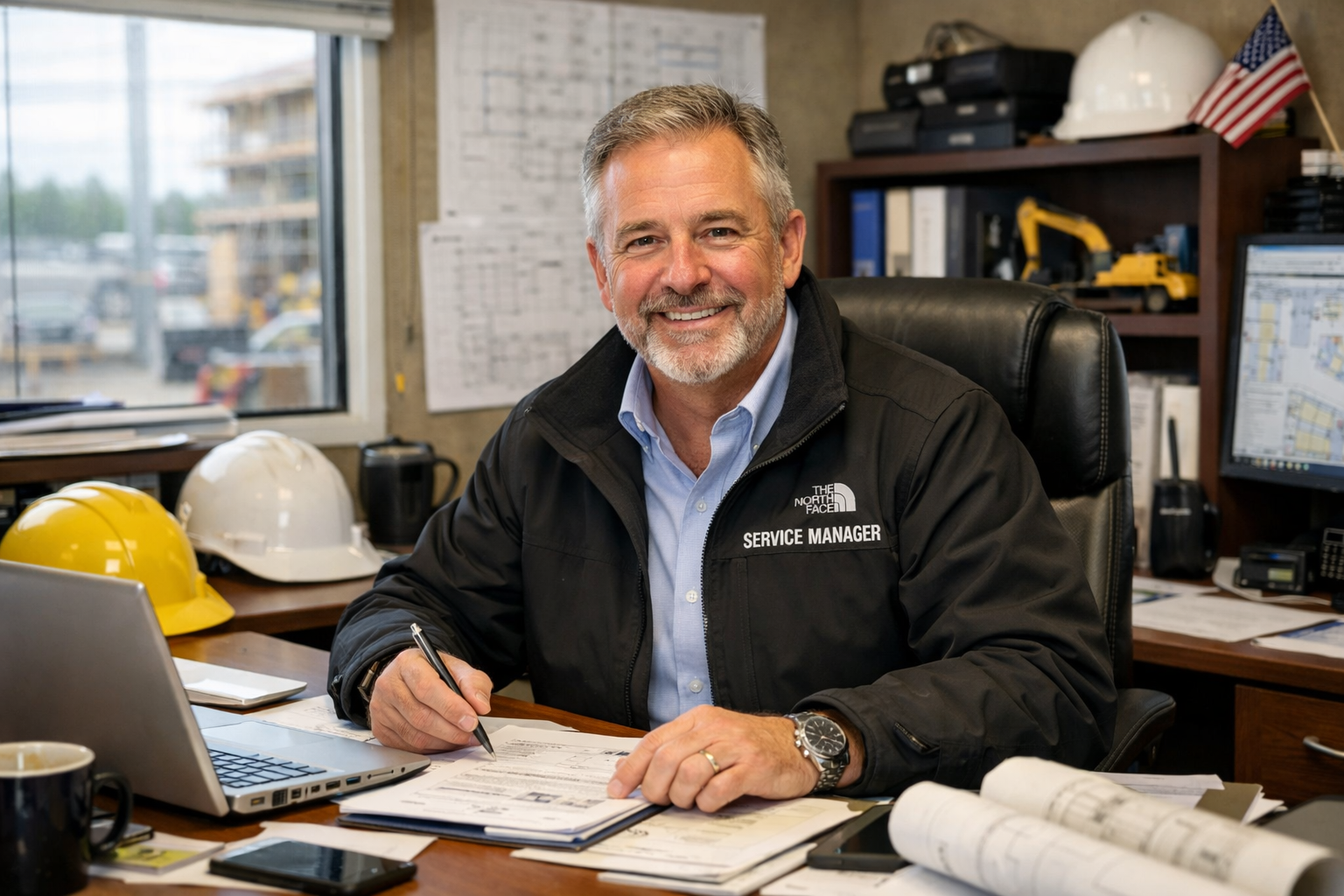 photographic A contractor SERVICE MANAGERS or DIRECTORS sitting in a construction office-1